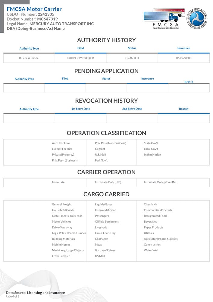 Mercury auto transport license