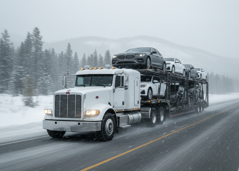 Auto transport truck driving in winter conditions