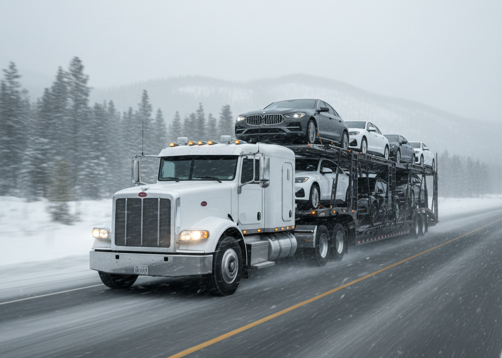 Auto transport truck driving in winter conditions