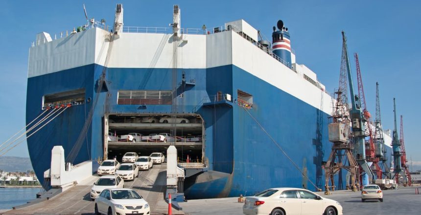 cars leaving the boat after roll-on/roll-off international car shipping