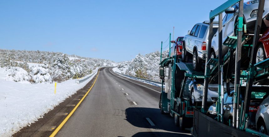 vehicle transport truck in snow